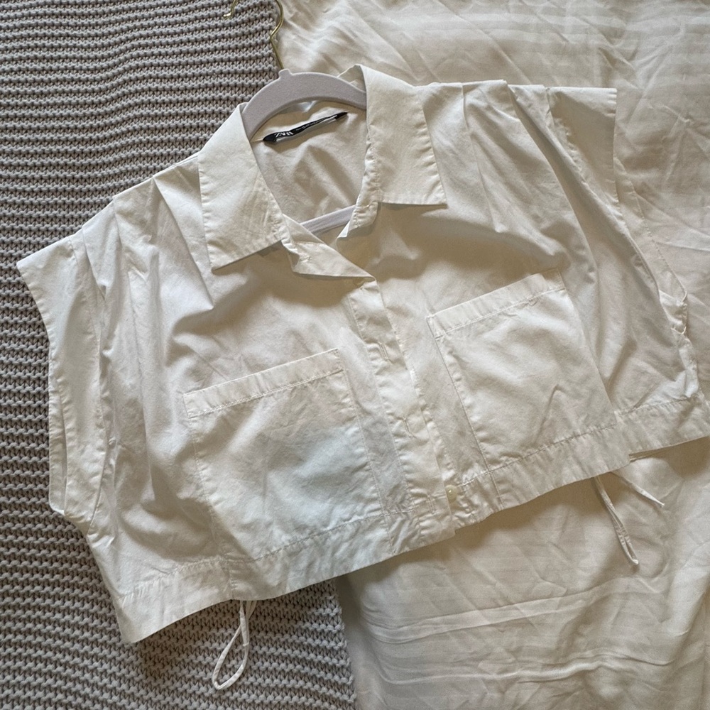 Zara White Cotton Poplin Cropped Shirt XS